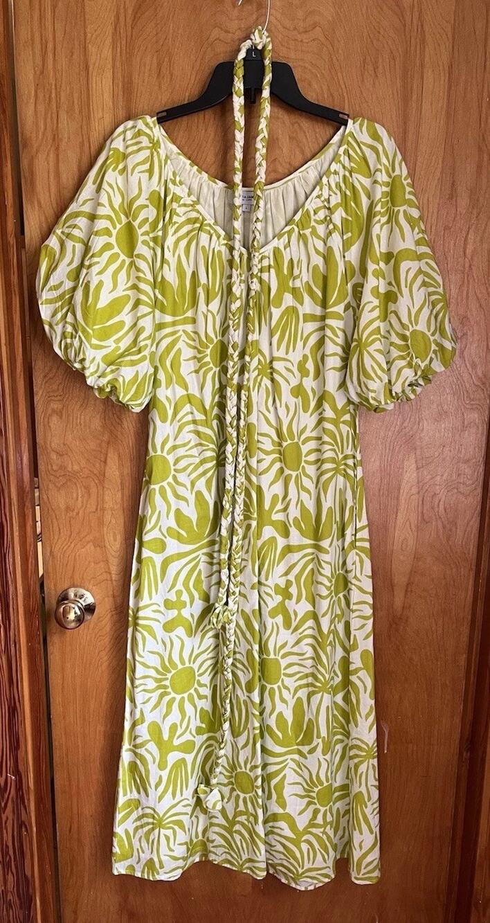 Olivia James Puff Sleeve Tropical Floral Midi Dress Trapeze Resort Beach Size L